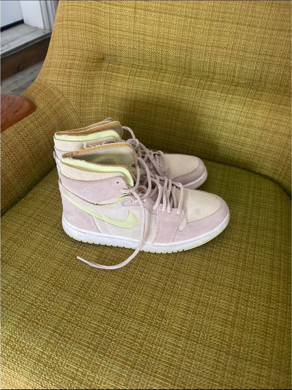 Nike Women's Pale Pink Suede High-Top Sneakers with Light Yellow Swoosh
